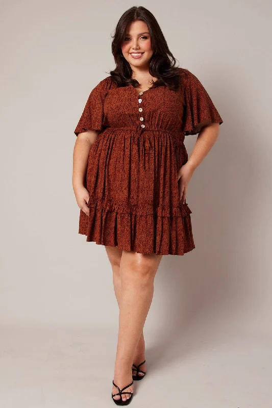 Brown Geo Shell Button Mini Dress