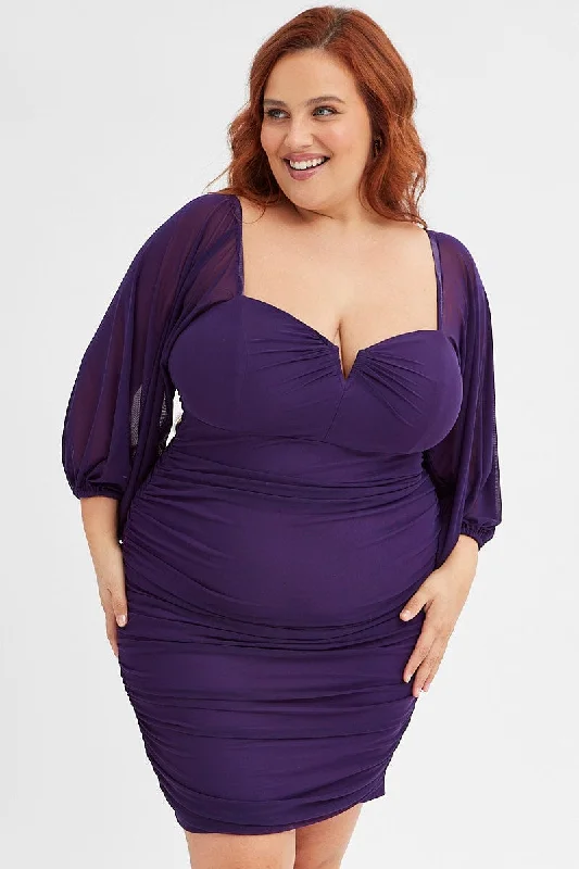 Purple Bodycon Dress Mesh Balloon Sleeve Ruched Mini