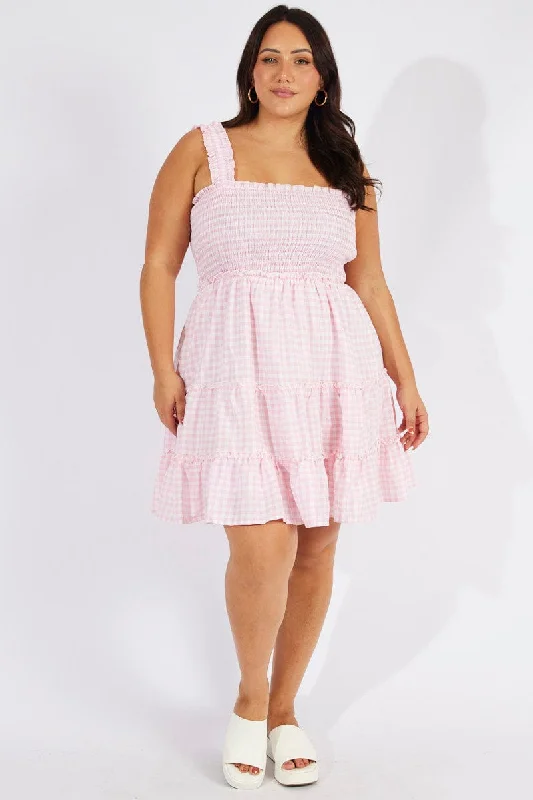 Pink Check Shirred Minidress Gingham