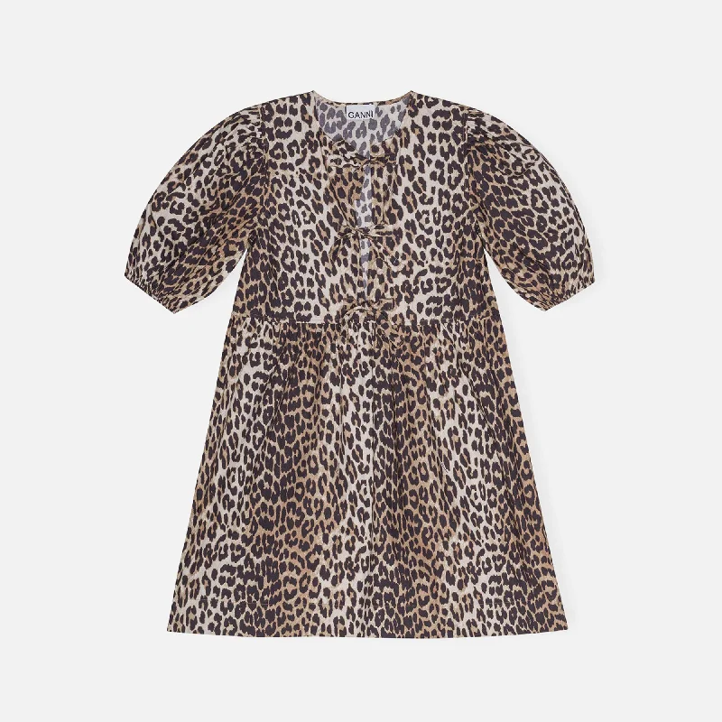 Ganni Printed Cotton Tie String Mini Dress - Leopard