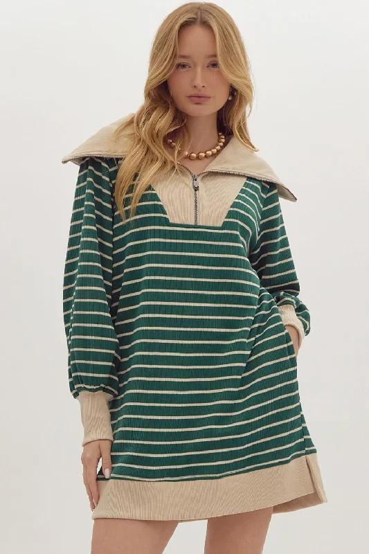 Stripe Print Ribbed Zip Up Long Sleeve Mini Dress