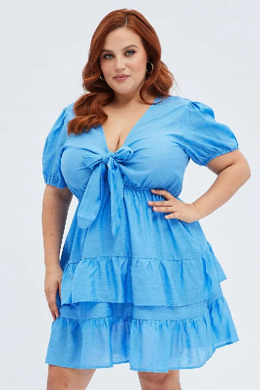 Blue Frill Dress Short Sleeve Tie Front Mini