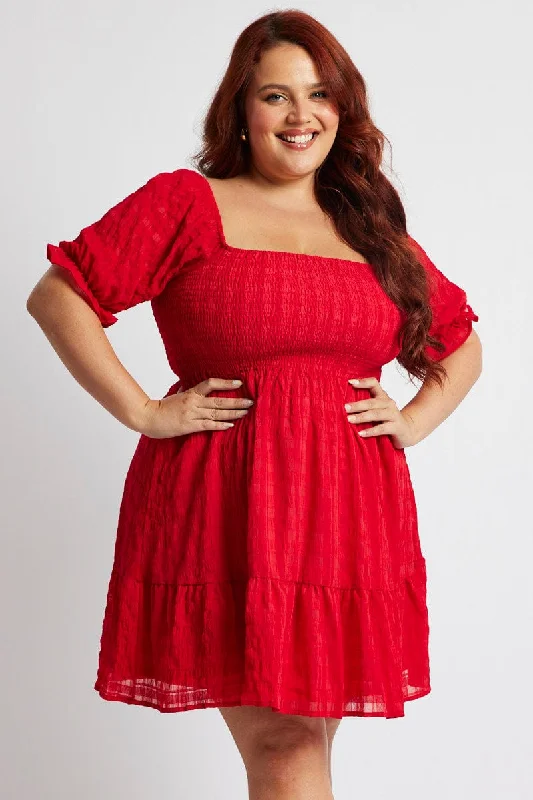 Red Minidress Check Puff Sleeve