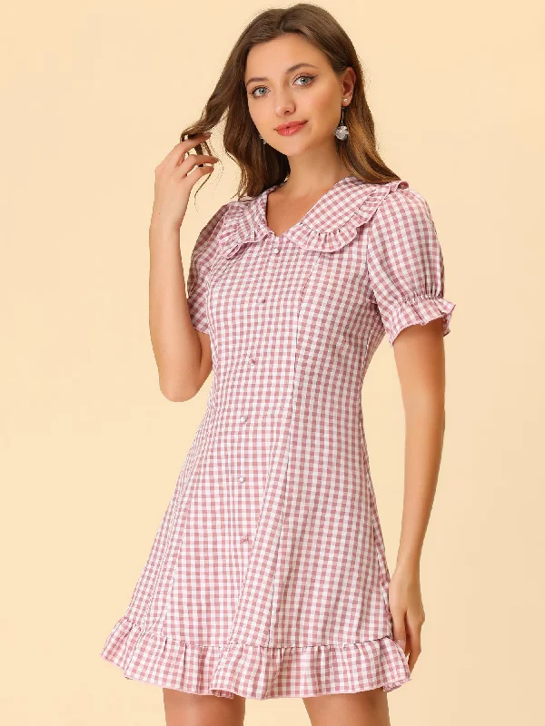 Gingham Checks Ruffled Peter Pan Collar 1960s Vintage Mini Dress