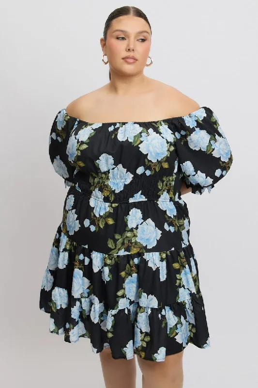 Black Floral Gather Detail Frill Minidress