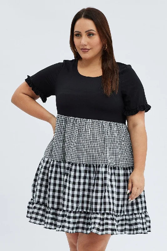 Black Check Mini Dress Short Sleeve Tiered