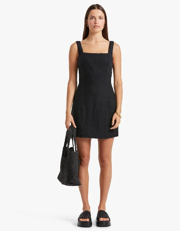 Linen Square Neck Mini Dress - Black