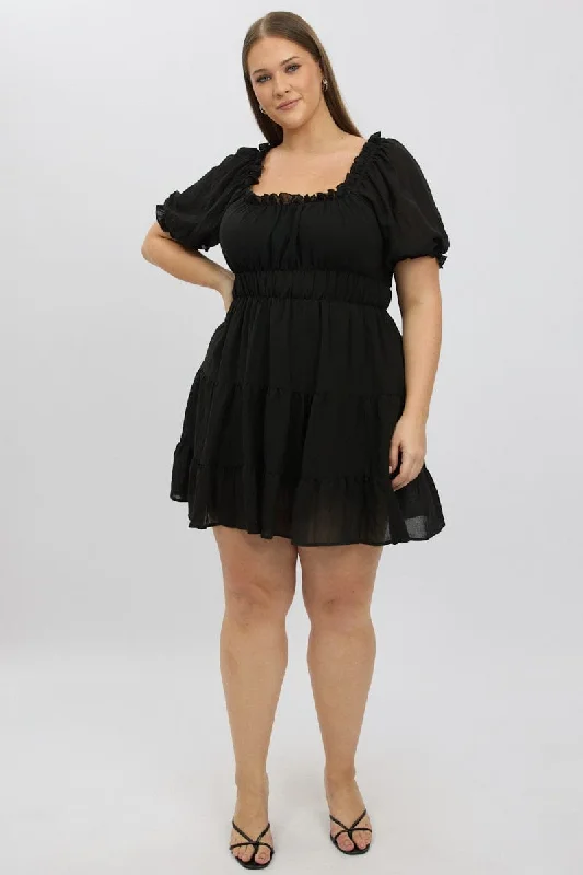 Black Scoop Neck Gather Waist Minidress