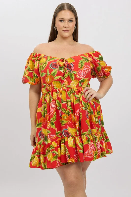 Red Abstract Drawstring Bust Holiday Fruit Print Minidress