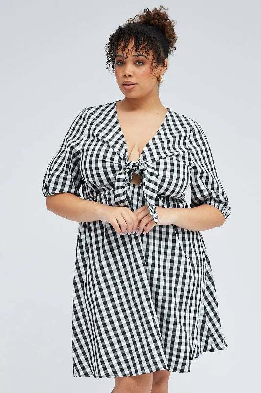 Black Check Mini Dress Tie Gingham Puff Sleeve