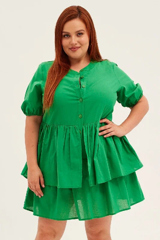 Green Mini Shirtdress Frill Layer Cotton Linen Blend