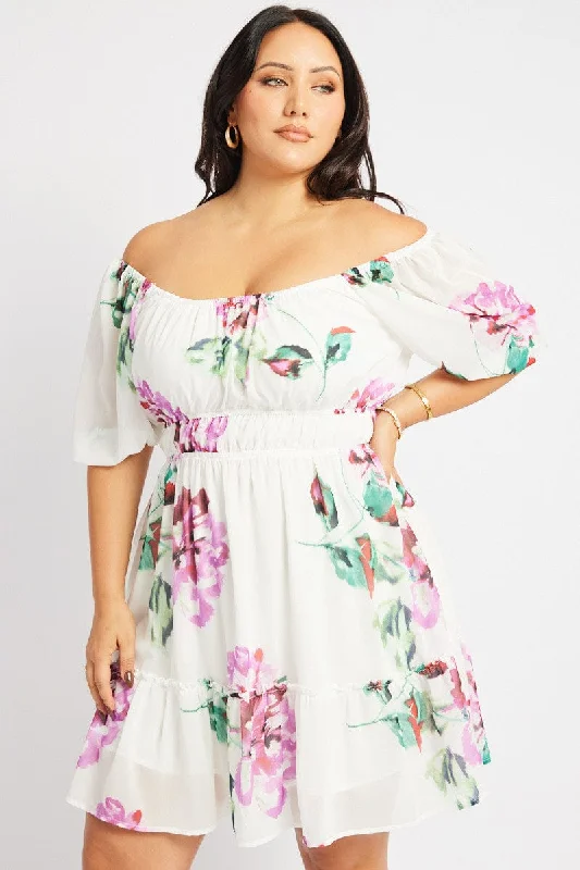 White Floral Puff Sleeve Scoop Neck Gather Waist Minidress