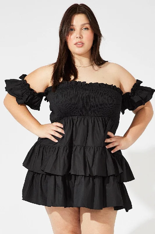 Black Mini Dress Off Shoulder Cotton Frilled