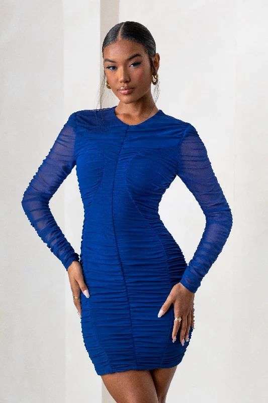 Euphoria | Royal Blue Ruched Mesh Long Sleeve Mini Dress