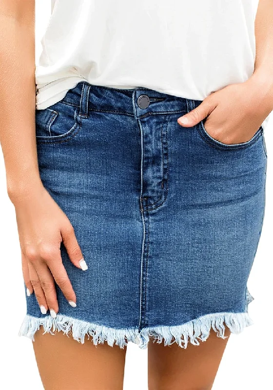 Dark Blue Frayed Hem Washed Denim Mini Skirt