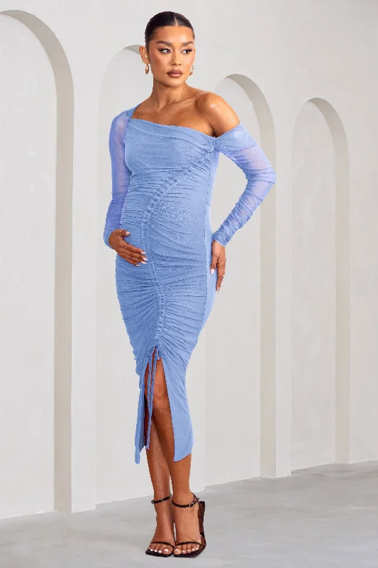 Sweet Dreams | Powder Blue Maternity Asymmetric Ruched Midi Dress