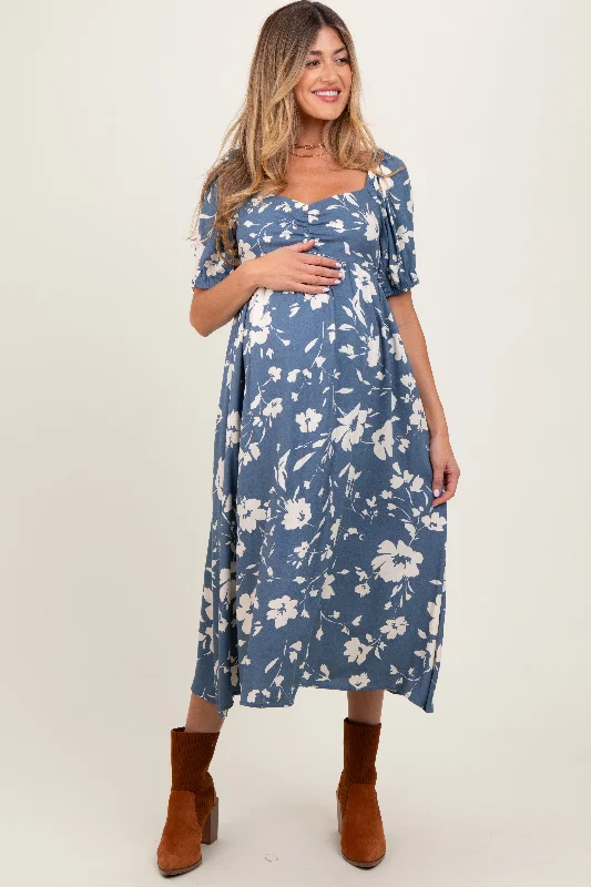 Light Navy Floral Sweetheart Neckline Maternity Midi Dress