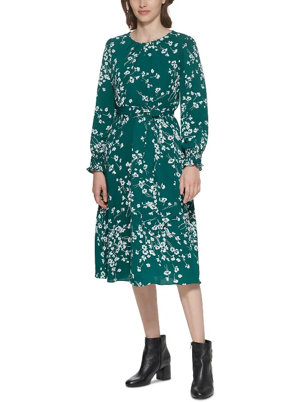 Womens Floral Print Pleated Midi Dress