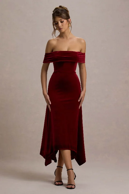 Halia | Berry Velvet Bardot Midi Dress