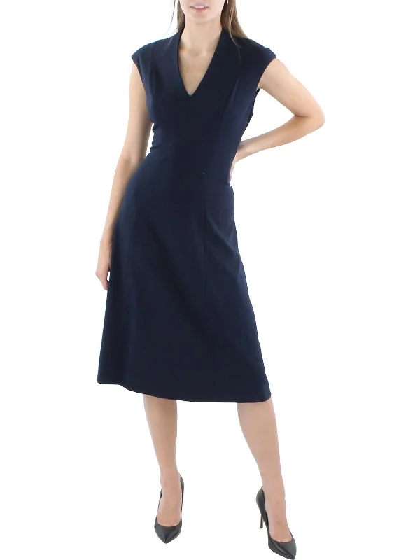 Womens V-Neck Cap Sleeve Midi Dress