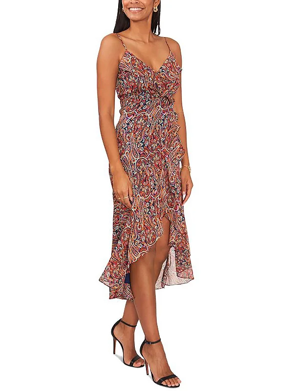 Petites Womens Chiffon Printed Midi Dress