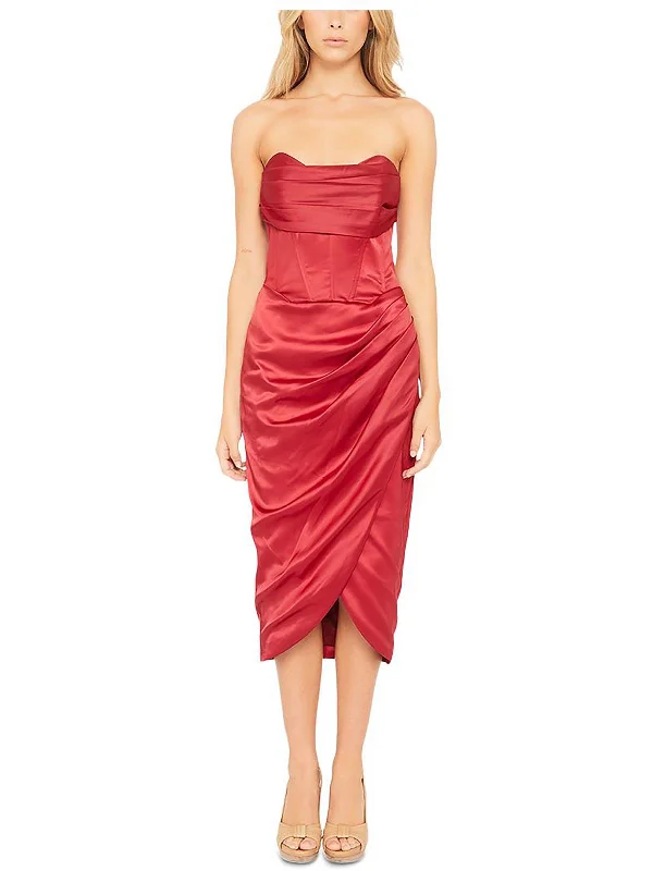 Juniors Jamila Womens Satin Strapless Midi Dress