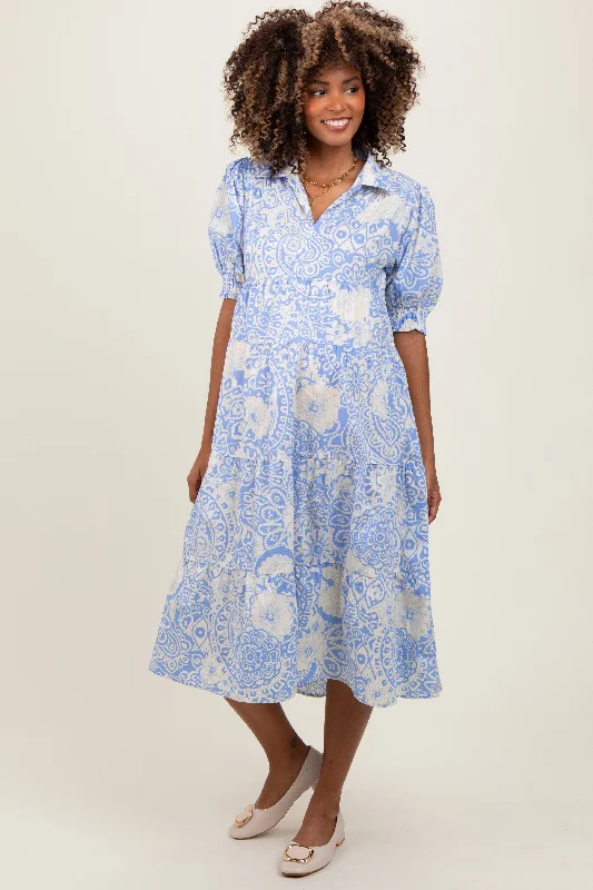 Periwinkle Floral Collared Tiered Maternity Midi Dress