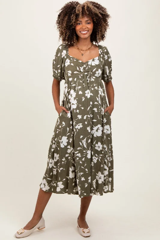 Olive Floral Sweetheart Neckline Maternity Midi Dress