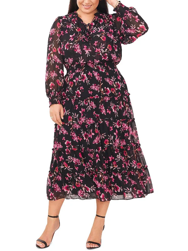 Plus Womens Floral Tiered Midi Dress