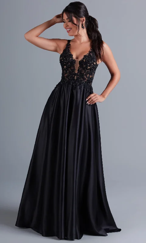 Long Black Formal Dress with Sheer Lace Bodice