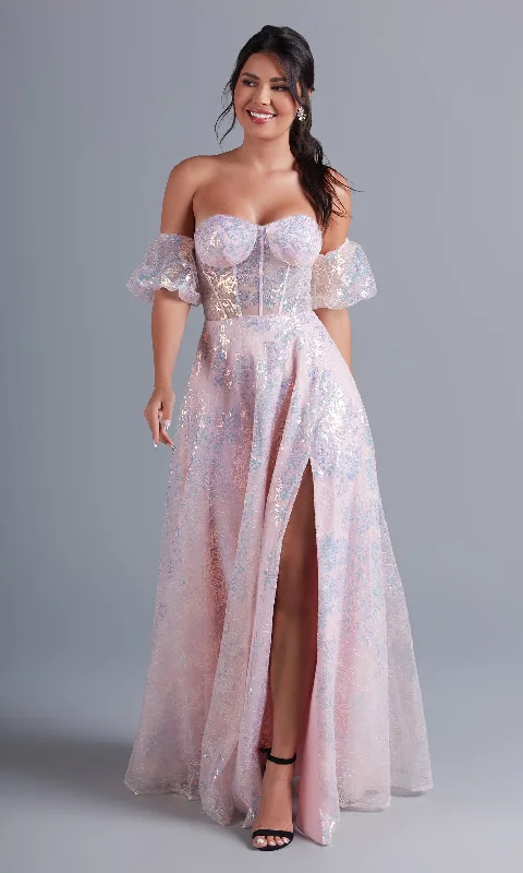 Puff-Sleeve Blush Pink Long Sequin Formal Dress