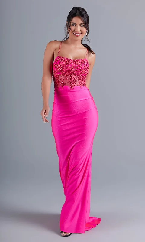 Hot Pink Long Formal Dress with Sheer Bodice