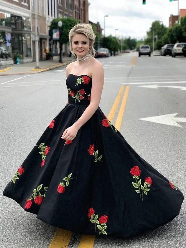 A Line Sweetheart Neck Satin Black Long Prom with Embroidery Flowers, Black Formal