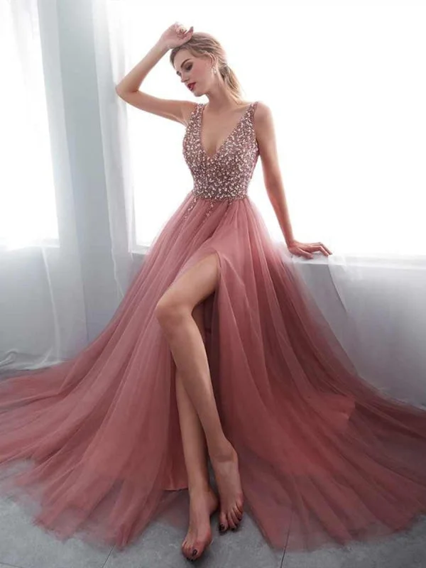 A Line V Neck Beaded Pink Tulle Long Prom with Corset Back High Slit, Pink V Neck Formal, Graduation