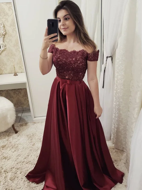 Charming Off Shoulder Burgundy/Green/Blue Lace Long Prom, Burgundy/Green/Blue Lace Graduation, Formal