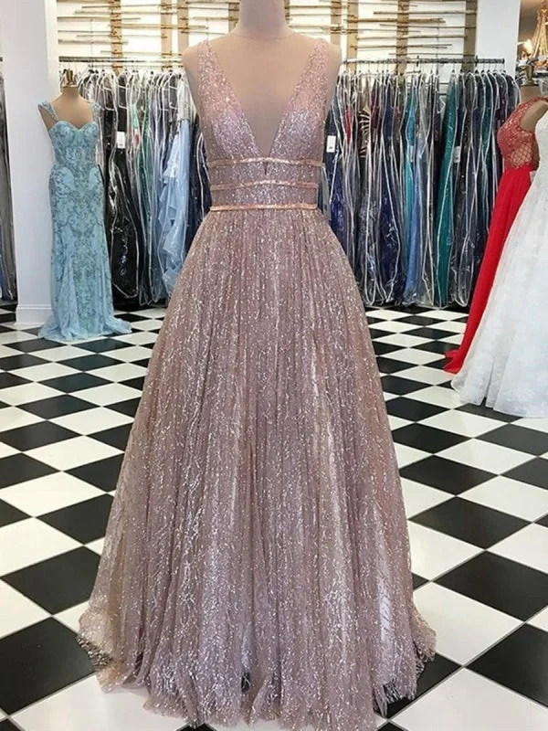 Deep V Neck And V Back Sparkly Champagne/Burgundy Long Prom with Sequins, Champagne/Burgundy Formal, Graduation