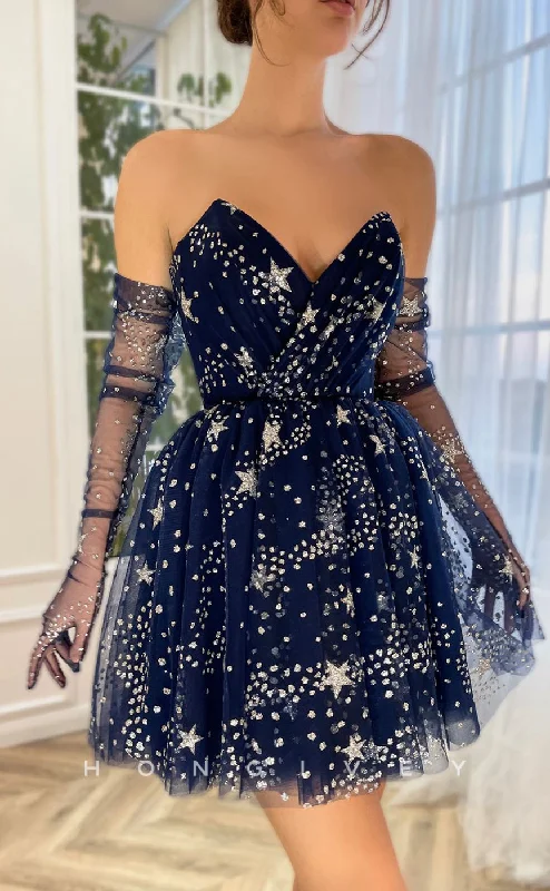 H1722 - Illusion  off shoulder long gloves Fully Glitter Print Short Graduation Party Homecoming Dress