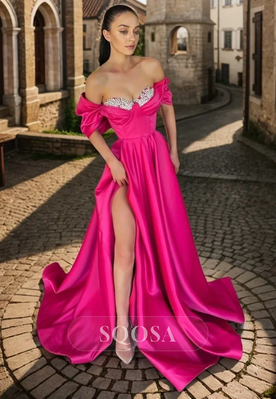 A line Off Shoulder Beads Satin Long Prom Formal Dress with Slit