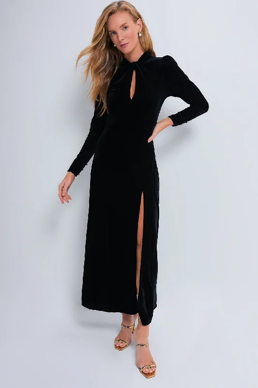 Black Velvet Jersey Gathered Long Dress