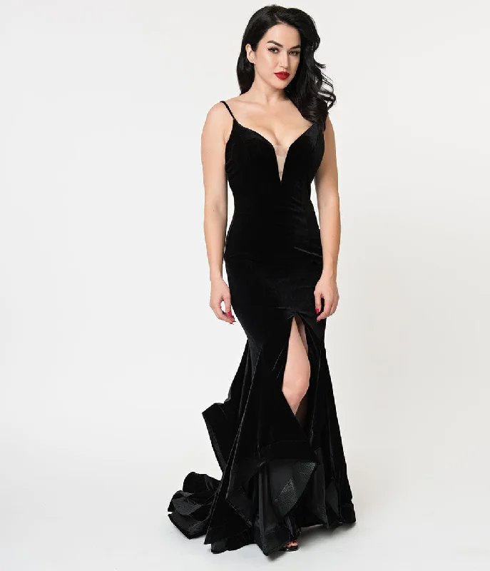 Black Velvet Ruffled Mermaid Sexy Long Dress