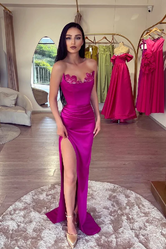 Sexy V neck Satin Pleats Sheath Long Prom Formal Dress with Slit QP0888