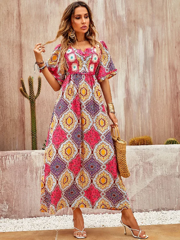 European and American style holiday long dress with large pattern lace dress W-32832