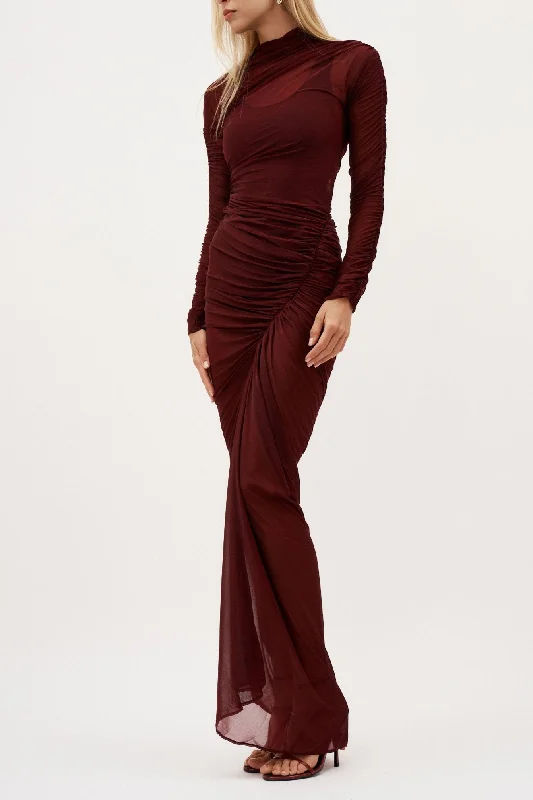 Hyper Ruched Long Lie De Vin Dress