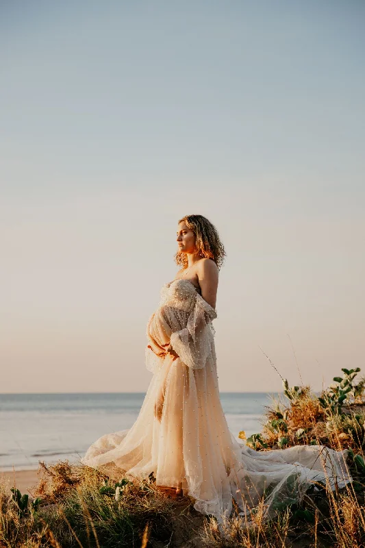 Maternity Photoshoot Dresses - Pearl Tulle Long Sleaves - Champagne - RENTAL