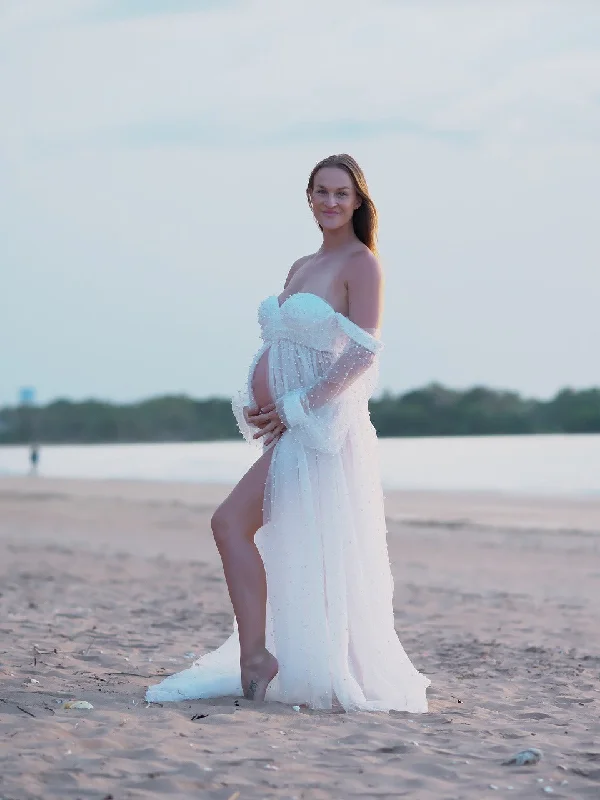 Maternity Photoshoot Dresses - Pearl Tulle Long Sleaves - White - RENTAL