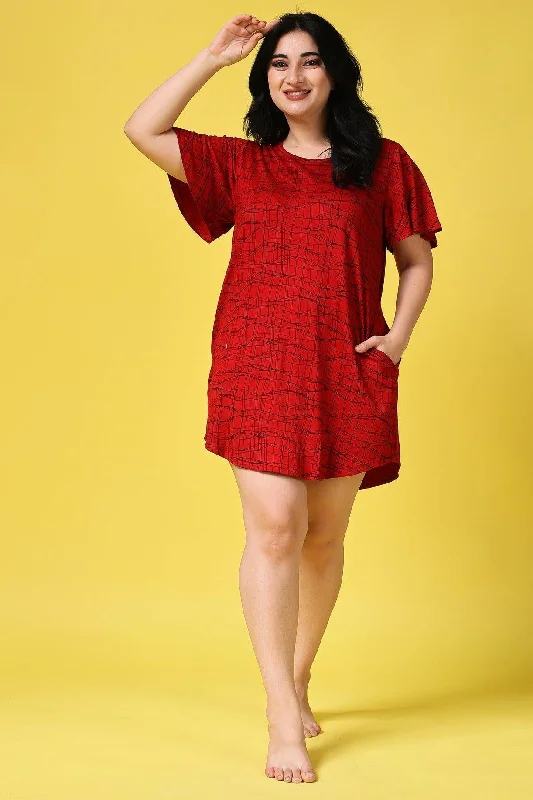 Red Waves Printed Long T-shirt Dress