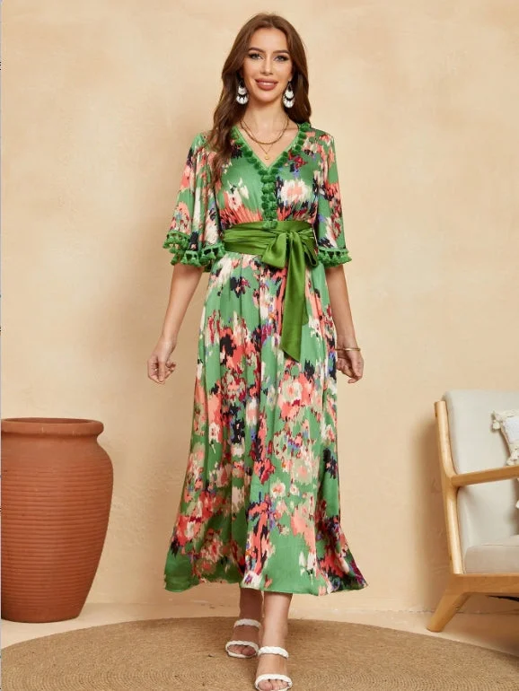 Women's All Over Print Fringe Trim Butterfly Sleeve V Neck Long Dress with Belt FCT-W34883