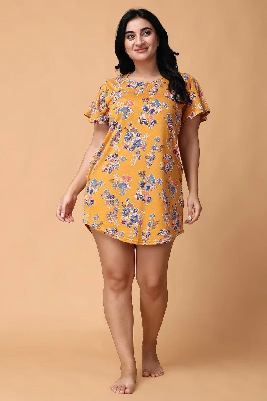 Yellow Floral Printed Long T-shirt Dress