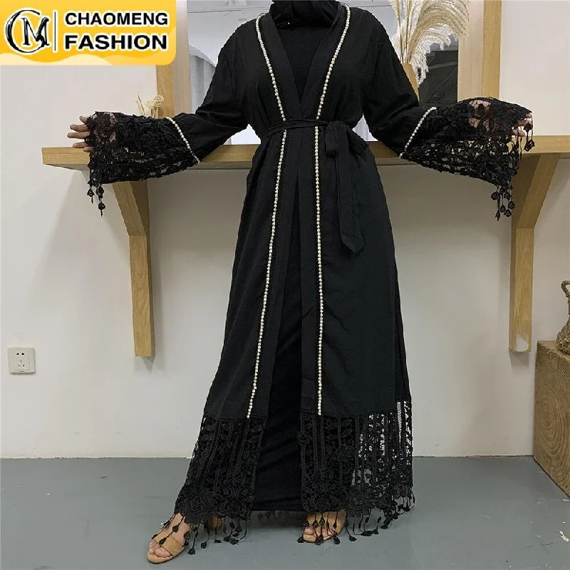 1587#Muslim For Women Open Abaya Kimono Long Lace Tassel Sleeve