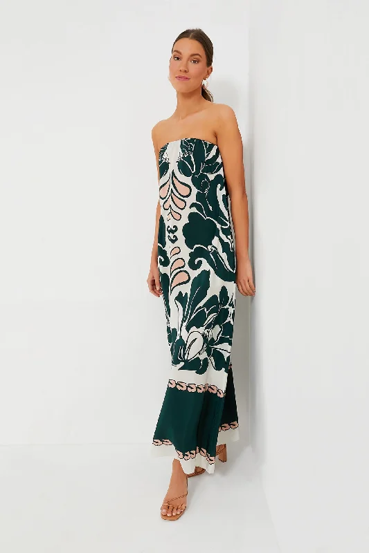 Dark Green Spray of Flowers Strapless Long Dress